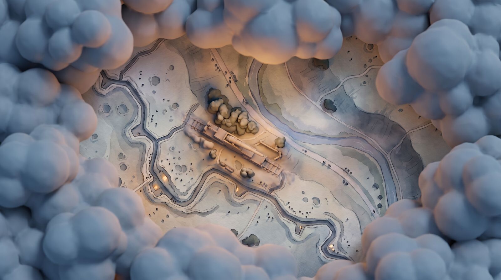 Clay clouds parting over the watercolour map